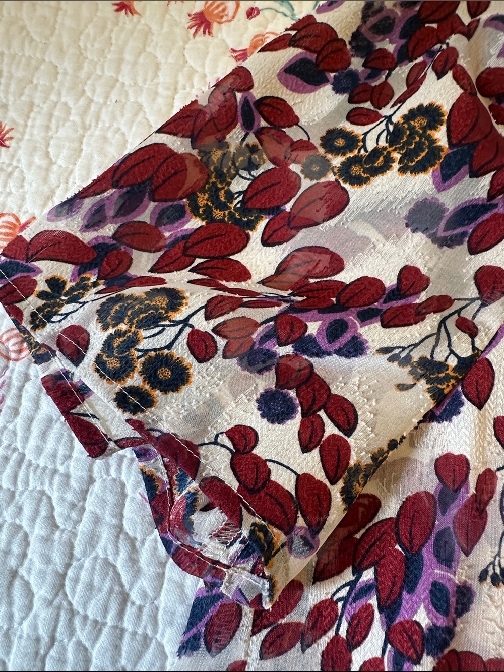 Ann Taylor Cream Blouse with Maroon and Purple Leaf Print and Neck Tie - Picture 8 of 13